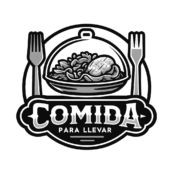 DALL·E 2024 06 02 13.49.35 A grayscale logo for a food delivery company with the text 'COMIDA PARA LLEVAR' and an illustration of a plate of food in the center. The logo should (1)